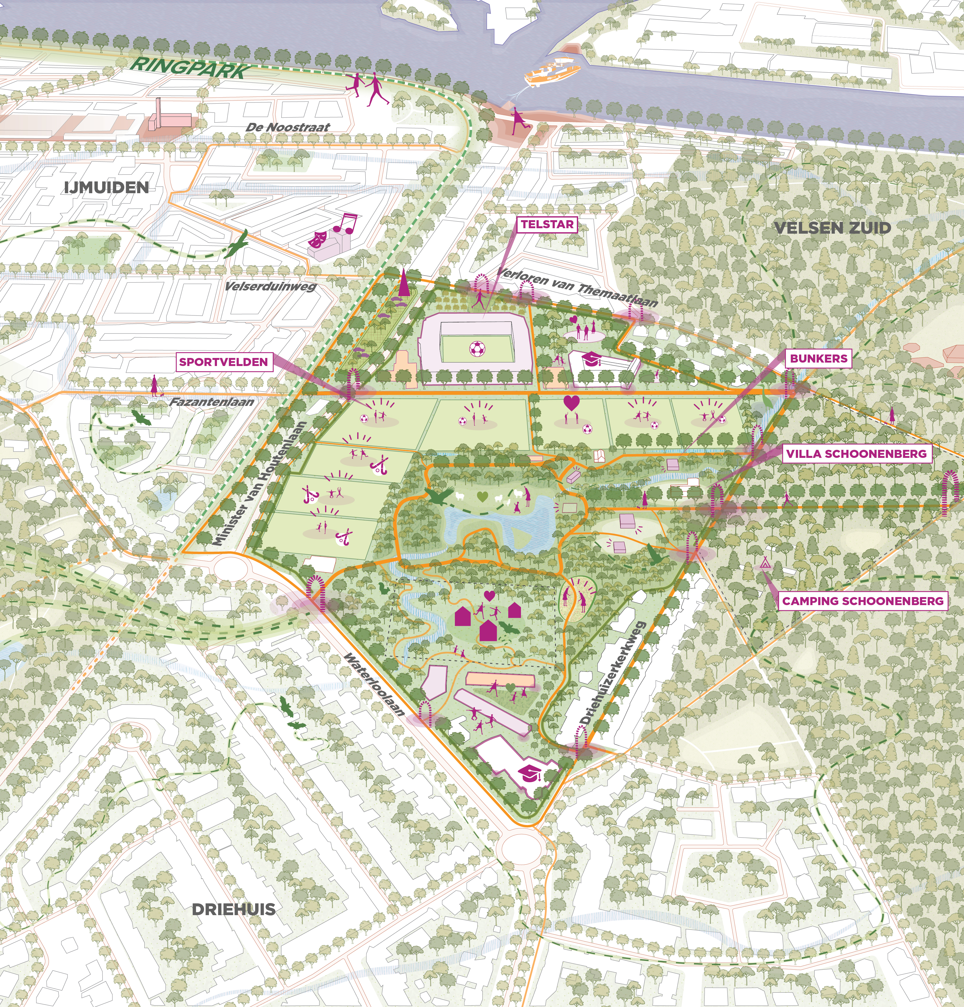 Geïllustreerde kaart van Schoonenberg, met sportvelden, vijver, Villa Schoonenberg en omliggende straten